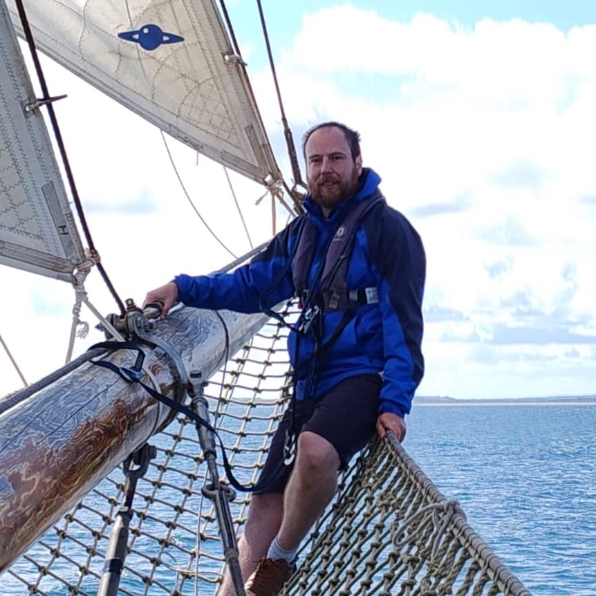 Tobias, creator of the North Bay Workshop, aboard a sailing ship